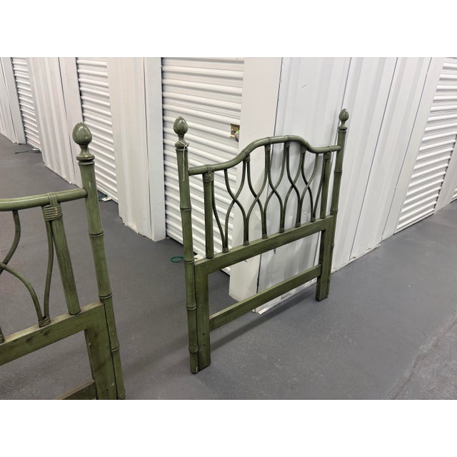 Pair 1960s Ficks Reed Attributed Twin Headboards Original Green Speckle Painted Rattan For Sale - Image 9 of 12