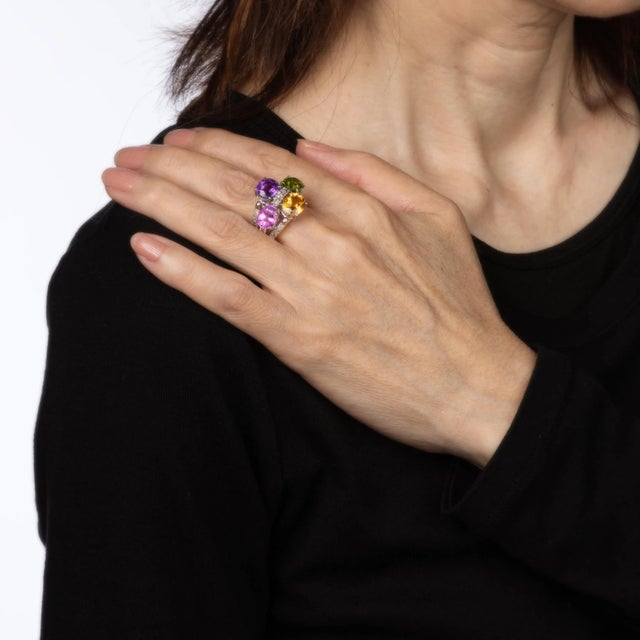 This is part of Chairish’s Fine Jewelry assortment. Stylish multi semi-precious gemstone cocktail ring crafted in 14 karat...