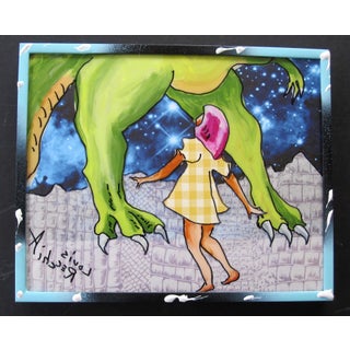 Bigger than I Thought by Louis Recchia | Acrylic & Collage on Plexiglas Girl with dinosaur under stars For Sale