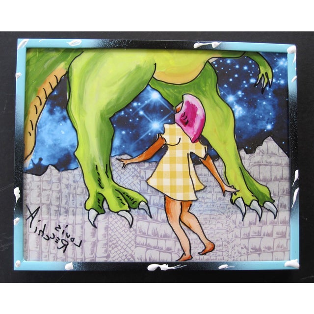 Bigger than I Thought by Louis Recchia | Acrylic & Collage on Plexiglas Girl with dinosaur under stars For Sale