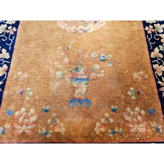 Vintage Chinese Art Deco Area Rug, Hand-Knotted Wool Pile, Tan, Dark Blue, 1920s For Sale - Image 11 of 12
