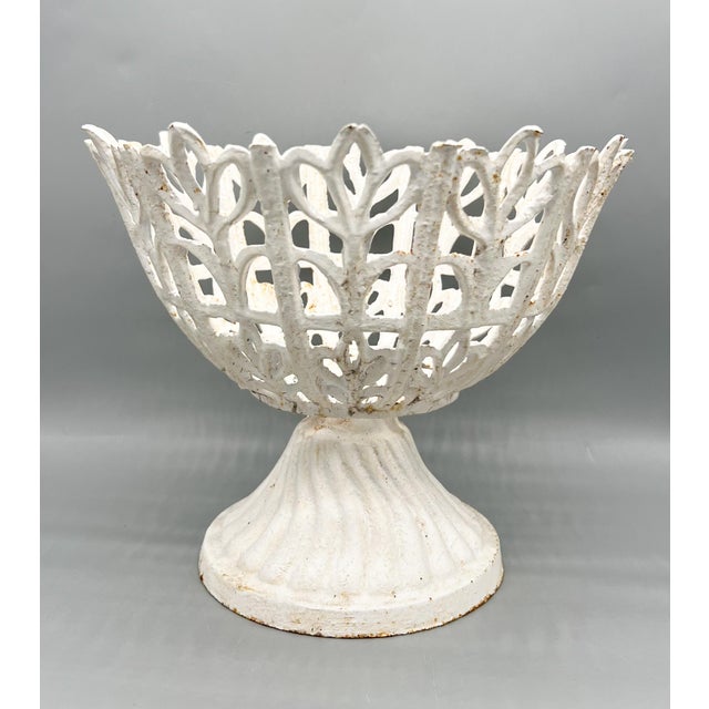 White Antique Victorian Cast Iron Openwork Compote With Fluted Pedestal For Sale - Image 8 of 10