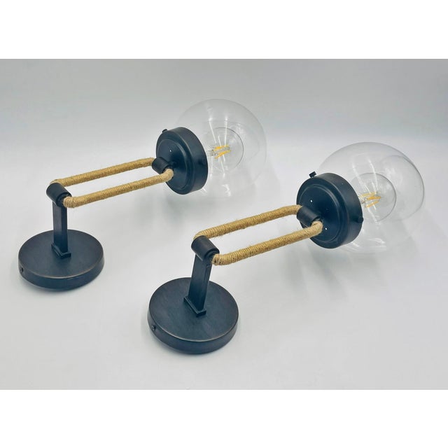 Vintage Attributed to Visual Comfort Modern Jute Rope Wall Sconces Brass Finish With Glass Globes - a Pair For Sale - Image 10 of 17