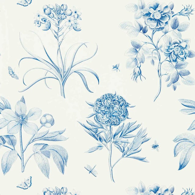 Sanderson Etchings & Roses Wallpaper in China Blue For Sale