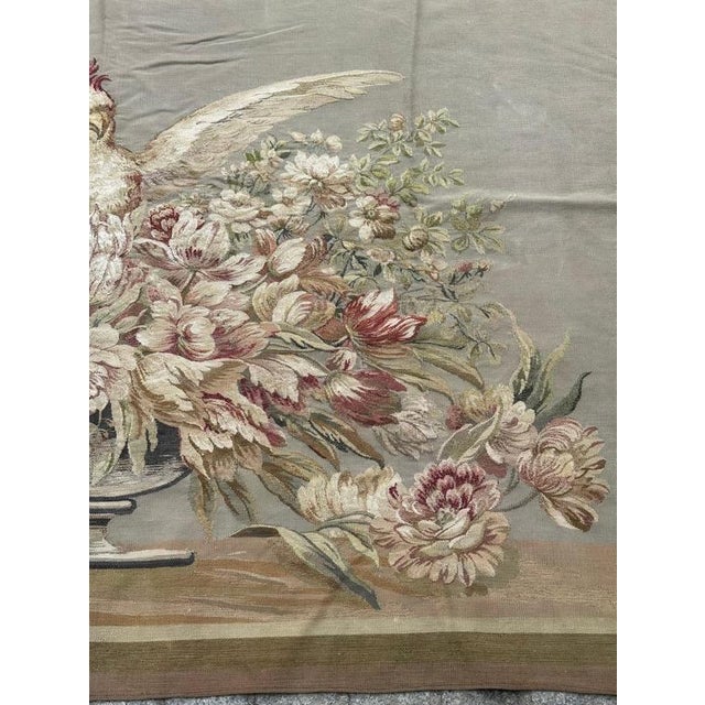Antique French Tapestry with Rooster and Flowers from Aubusson, 1900 For Sale - Image 3 of 18