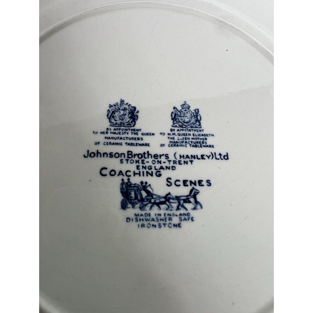 Ceramic Vintage Johnson Brothers Blue & White "Coaching Scenes" 9.5" Dinner Plates - Set of 2 For Sale - Image 7 of 8