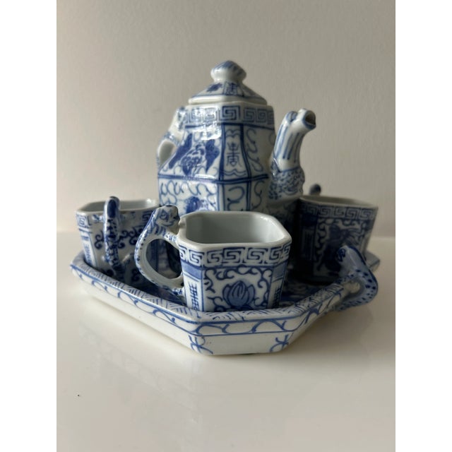 Vintage Porcelain Blue and White Chinese Dragon Tea Set- 6 Pieces For Sale - Image 11 of 11