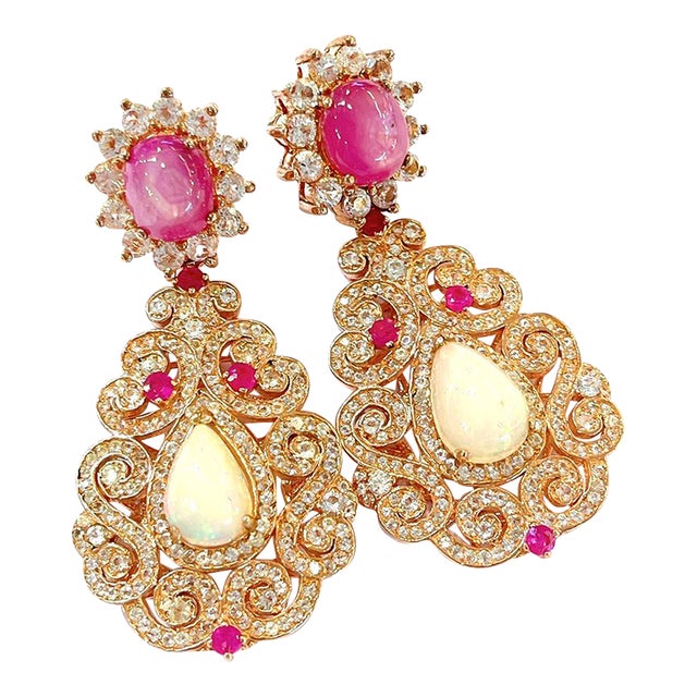 Bochic “Flamenco” Ruby & Multi Gem Chandelier Earrings Set 18k Gold & Silver - 2 Pieces For Sale