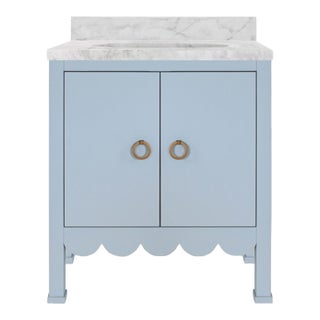 Matthew Izzo Home Kealy Light Blue Matte Lacquer Two Door, Single Porcelain Sink Bath Vanity With Carrara Marble Top and Brass Hardware For Sale