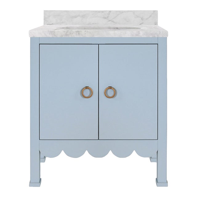 Matthew Izzo Home Kealy Light Blue Matte Lacquer Two Door, Single Porcelain Sink Bath Vanity With Carrara Marble Top and Brass Hardware For Sale