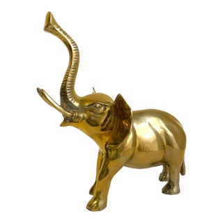 Vintage Solid Brass Elephant Statue Trunk Up Good Luck Mid Century Large For Sale