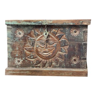1920s Antique Tribal Hope Chest India Sun Carved Wooden Trunk 34 For Sale
