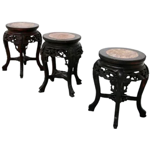 Chinese Vase Holders in Ebonized Wood with Marble Top, Set of 3