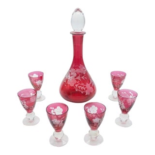 Vintage Bohemian Cranberry Glass Decanter and 6 Cordial Glasses With White Floral Etching For Sale