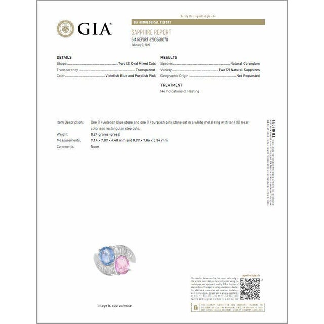 GIA Natural 6.24CTS VS F Diamond Blue And Pink Sapphire Platinum Bypass Ring Band, size 6.75 For Sale - Image 13 of 13