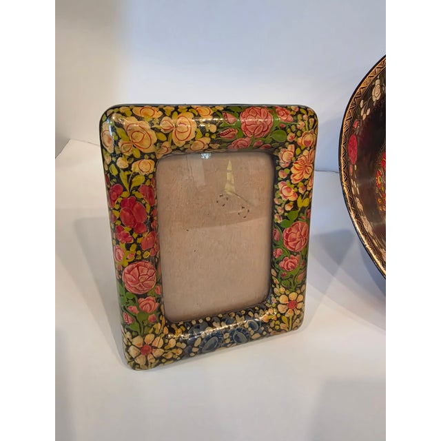 Black Large Kashmiri Laquerware Papier Mache Bowl and Picture Frame For Sale - Image 8 of 12