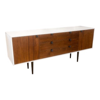 Contempoary Modern White and Walnut Veneer With Leather Pull Handles Credenza For Sale