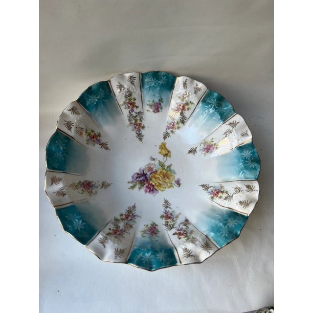 Ceramic Vintage Mid 20th Century Germany Serving Bowl Blue Gold Floral Germany Hand Painted For Sale - Image 7 of 13