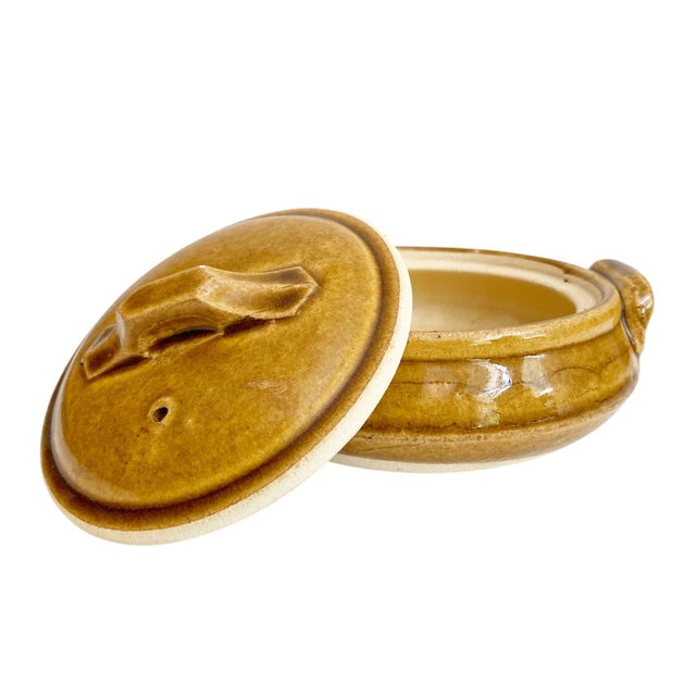 1980s Vintage Studio Pottery Small Casserole Dish Mustard-Brown Rustic Stoneware For Sale - Image 5 of 8