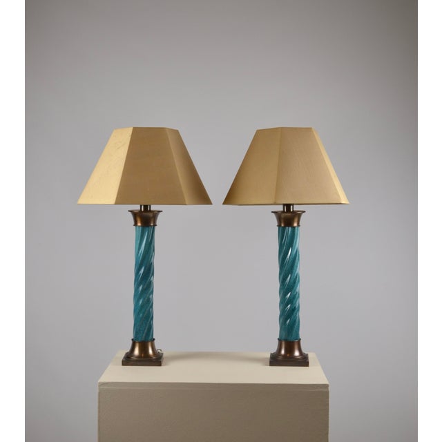 Hollywood Regency Turquoise Ceramic and Bronze-Finished Brass Table Lamp, 1950s For Sale - Image 4 of 17