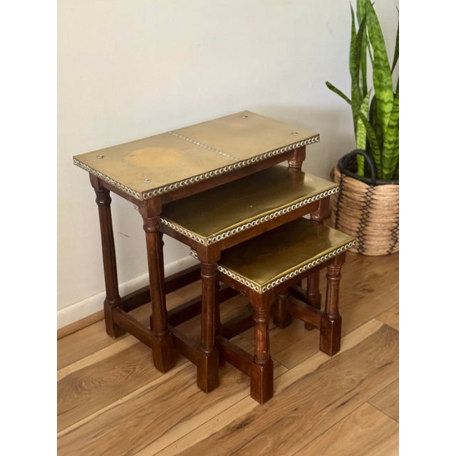 Spanish Revival Early 20th Century Set of 3 Vintage Spanish Nesting Tables With Brass Tops For Sale - Image 3 of 6
