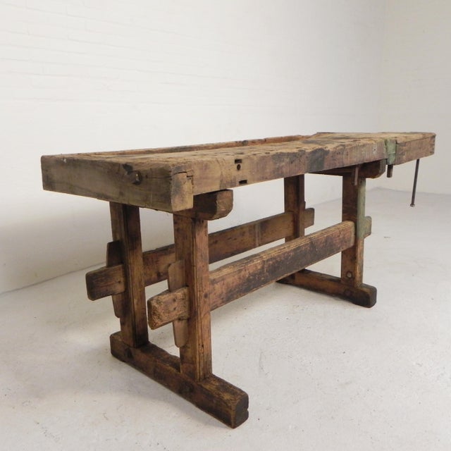 Brown Industrial Wooden Workbench with Vice, 1930s For Sale - Image 8 of 18