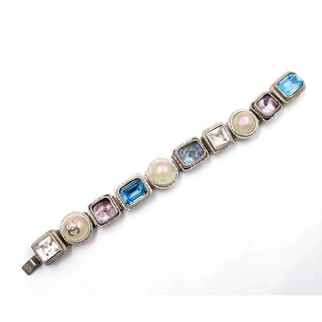 Chanel Chanel Vintage Rare Rustic Silver Gem Stone Pearl CC Bracelet For Sale - Image 4 of 5