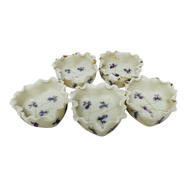 Vintage Hand-Painted Violet Porcelain Salt Cellars, Set of 5, Ruffled Gold Trim Mini Dishes, Unmarked Japan, Lefton China Style, Cottagecore Decor For Sale