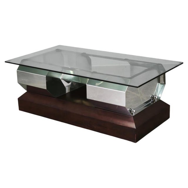 Italian Chrome, Smoked Glass and Wood Coffee Table, 1970s For Sale - Image 14 of 14