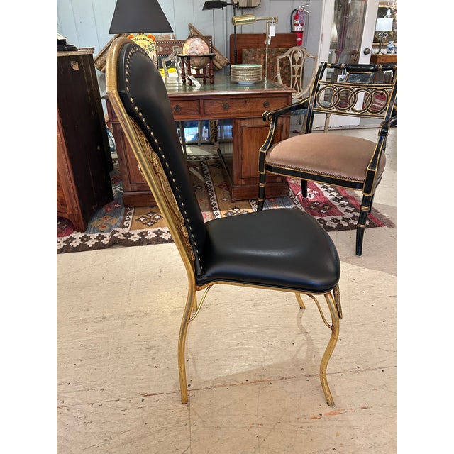 Cleopatra Black Leather Side Chair With Brass Relief For Sale - Image 4 of 11