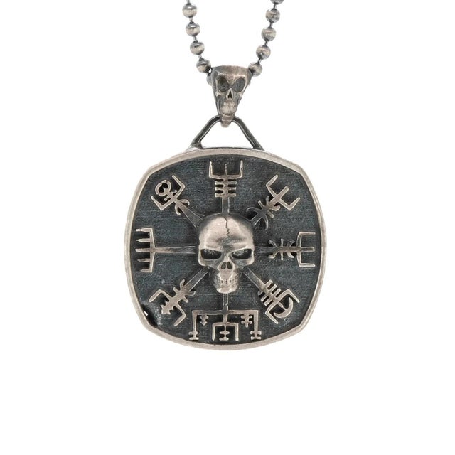 Norse Viking Vegvisir Protection Symbols & Skull Pendant Sterling Silver Necklace For Sale - Image 12 of 12