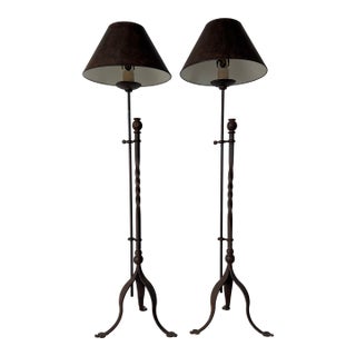 Vintage Hand-Forged Iron French Gothic & Spanish Revival Adjustable Tripod Floor Lamps – A Pair For Sale