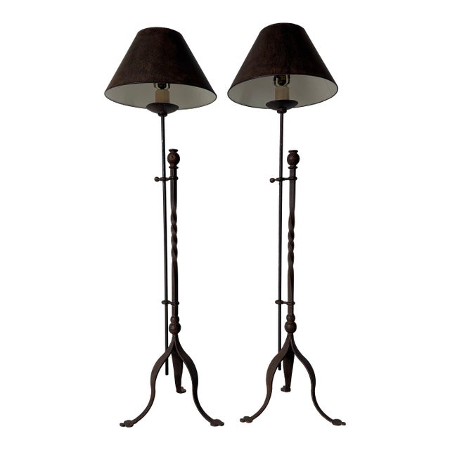 Vintage Hand-Forged Iron French Gothic & Spanish Revival Adjustable Tripod Floor Lamps – A Pair For Sale