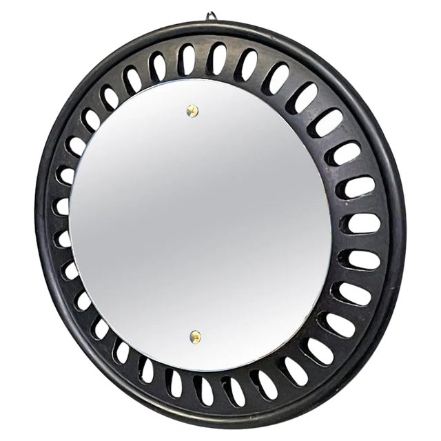 Italian Round Wall Mirror in Black Wood, 1950s For Sale