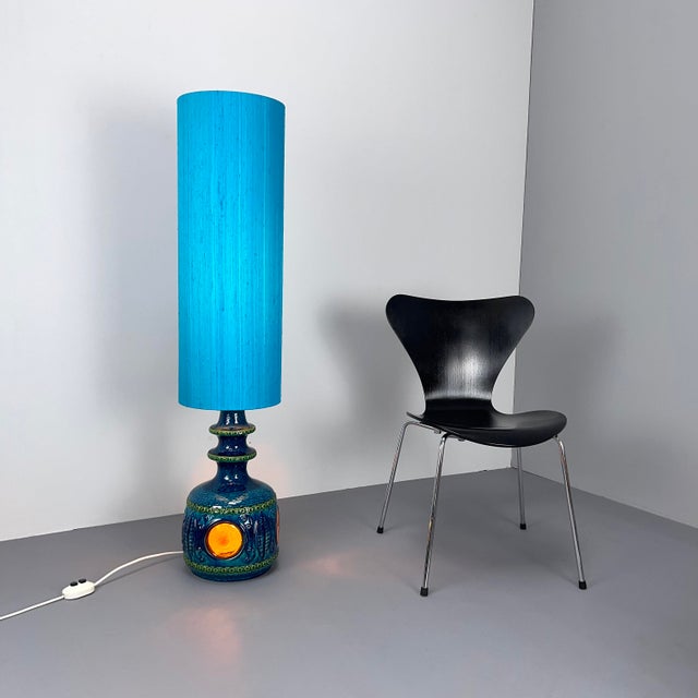 Blue Ceramic Floor Lamp from Bay Keramik with Blue Silk Shade, West Germany, 1960s For Sale - Image 4 of 15