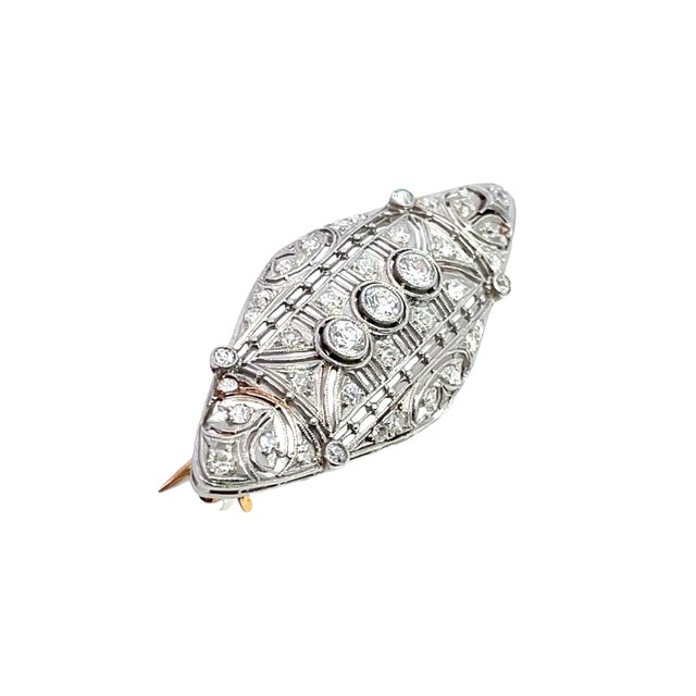 Antique Art Deco Platinum & 14k Yellow Gold Diamonds Studded Brooch For Sale - Image 9 of 9