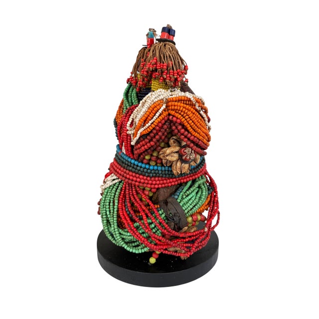 African Vintage African Beaded Namji Twin Fertility Dolls Cameroon 9.25" H W/Wood Stand For Sale - Image 3 of 7