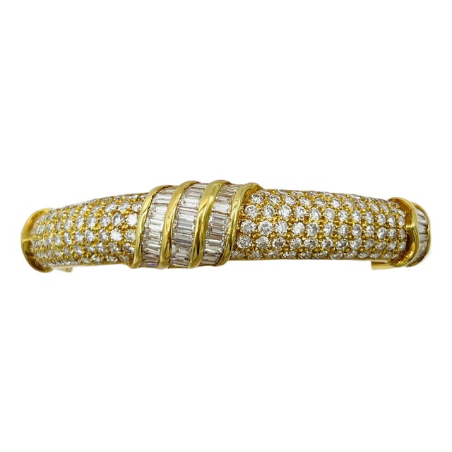 White Diamond Round and Baguette Bangle in 18k Yellow Gold For Sale
