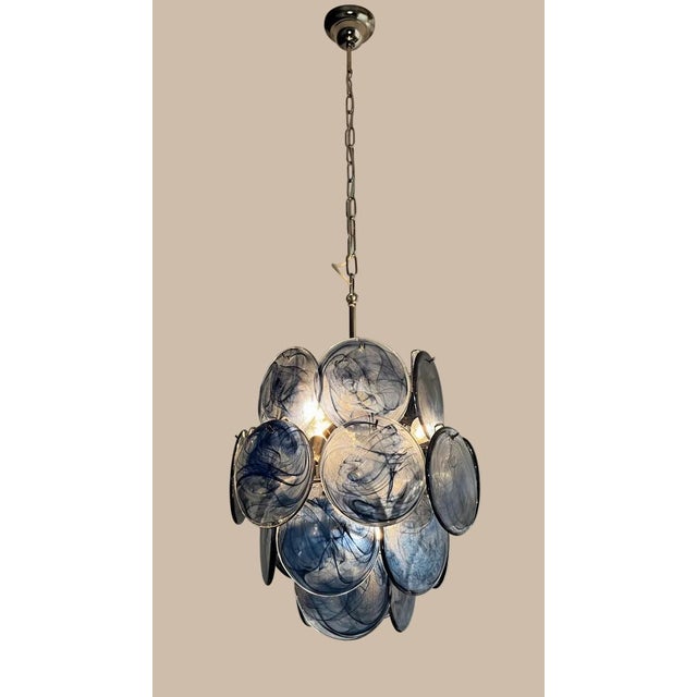 Murano Vintage Italian Murano Glass Chandelier in Vistosi Style | 24 Alabaster Blue Discs For Sale - Image 4 of 6