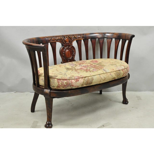 Antique Victorian/American Empire Carved Mahogany Paw Foot Barrel Back Settee Loveseat Sofa. Circa Late 19th Century....