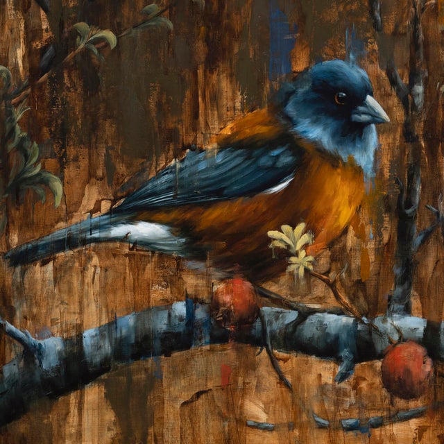 Contemporary Break From Flight by Morgan Cameron | Oil on panel Bird perched on a branch with autumn foliage. For Sale - Image 3 of 5