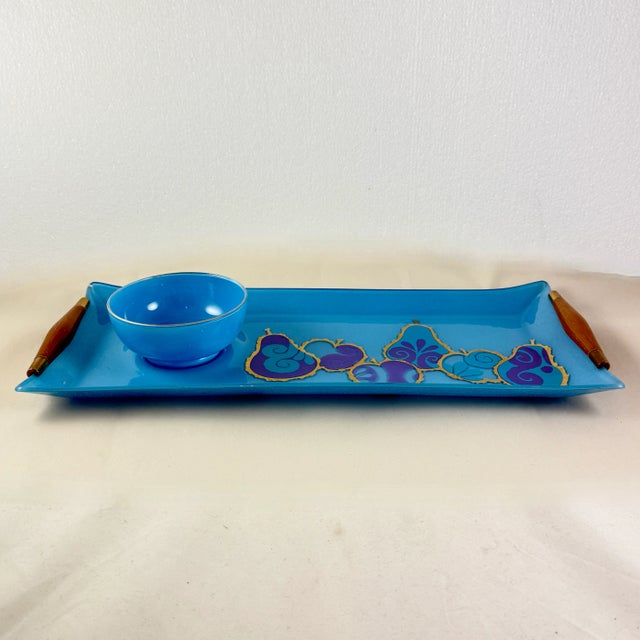 1960s Georges Briard Peacock Blue Pageant Fruit Glass Tray & Dip Bowl For Sale - Image 5 of 15