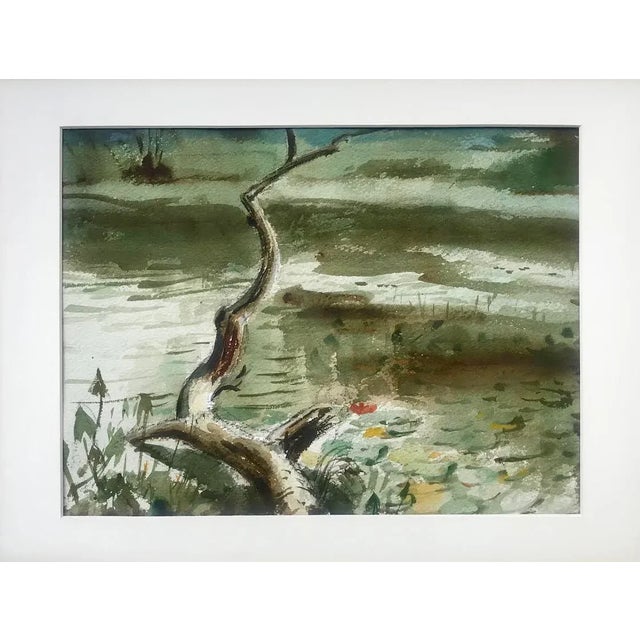 Vintage American impressionist watercolor painting of a lake in a wooded landscape by Harry Barton signed with the artists...