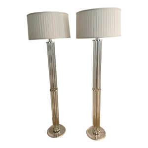Heavy Pair of Hollywood Regency Crystal and Silver Metal Floor Lamps -a Pair