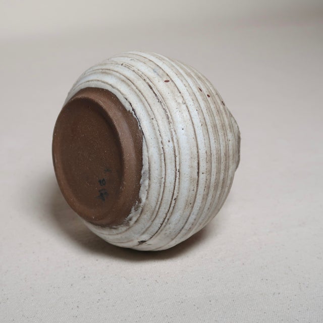 Weighted Hand-Thrown Natural Ash Studio Pottery Vessel With Ribbed Form and Splattered Rust Glaze Accents For Sale - Image 13 of 13
