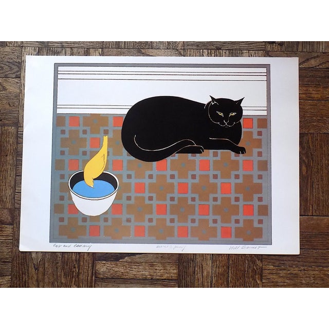 This vintage lithograph (offset) after the well listed U.S. artist Will Barnet (NY 1911-2012) depicts a cat and a canary....