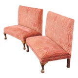 Pair of Finely Upholstered Paisley Tall Back Chippendale Style Hallway Parsons Bench Loveseats C1980 For Sale
