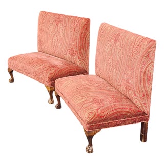 Pair of Finely Upholstered Paisley Tall Back Chippendale Style Hallway Parsons Bench Loveseats C1980 For Sale
