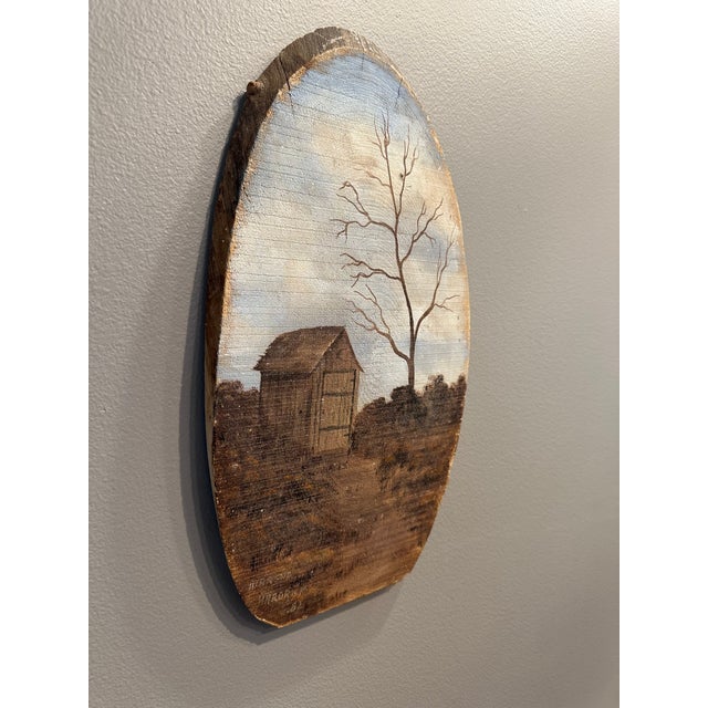 Wood Vintage 1982 Signed Oil Landscape on Natural Wood For Sale - Image 7 of 15