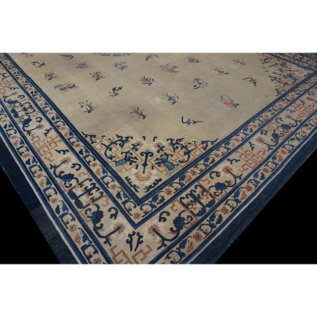 Textile 1920s Beige Large Deco Floral-Medallion Pattern Antique Chinese Peking Rug For Sale - Image 7 of 9